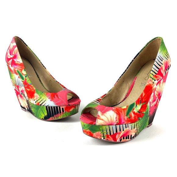 Aldo Tropical Print Hazinski Peep Toe Wedges - Picture 2 of 9